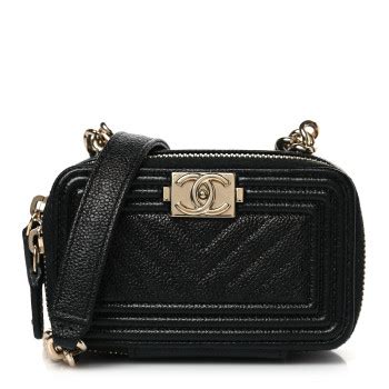 CHANEL Caviar Chevron Quilted Mini Boy Clutch With Chain 